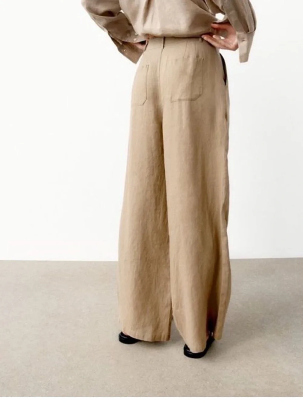 Zara 100% Linen Neutral Tan High Waist Wide Leg Pants M